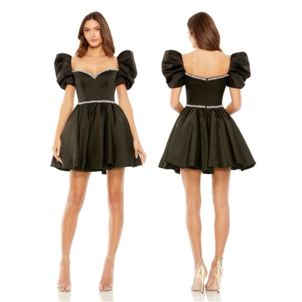 Mac‎ Duggal Black Satin Puff Sleeve Rhinestone Mini Dress Style 20688 FLAWED